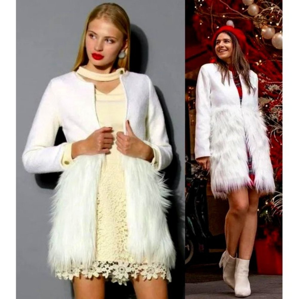 💋GORGEOUS!💋Luxurious Boucle Wool & Faux Fox Fur Peacoat in Cream